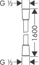 Schematische Darstellung eines Brauseschlauchs mit den Maßen G ½ und einer Gesamtgröße von 1600. Typisch für Hansgrohe-Produkte im Sanitärbereich.
